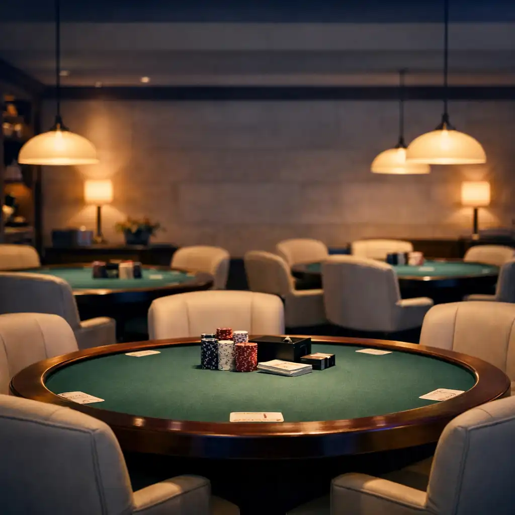 Cards being dealt on a poker table under a single overhead light in the evening card lounge
