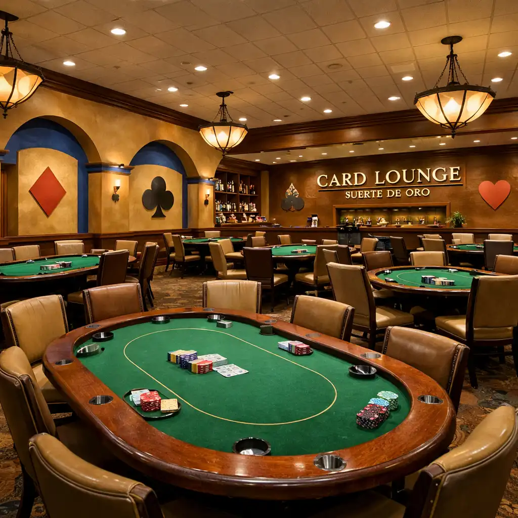 Wide view of the Suerte de Oro card lounge with poker tables, warm pendant lights, and sandstone walls