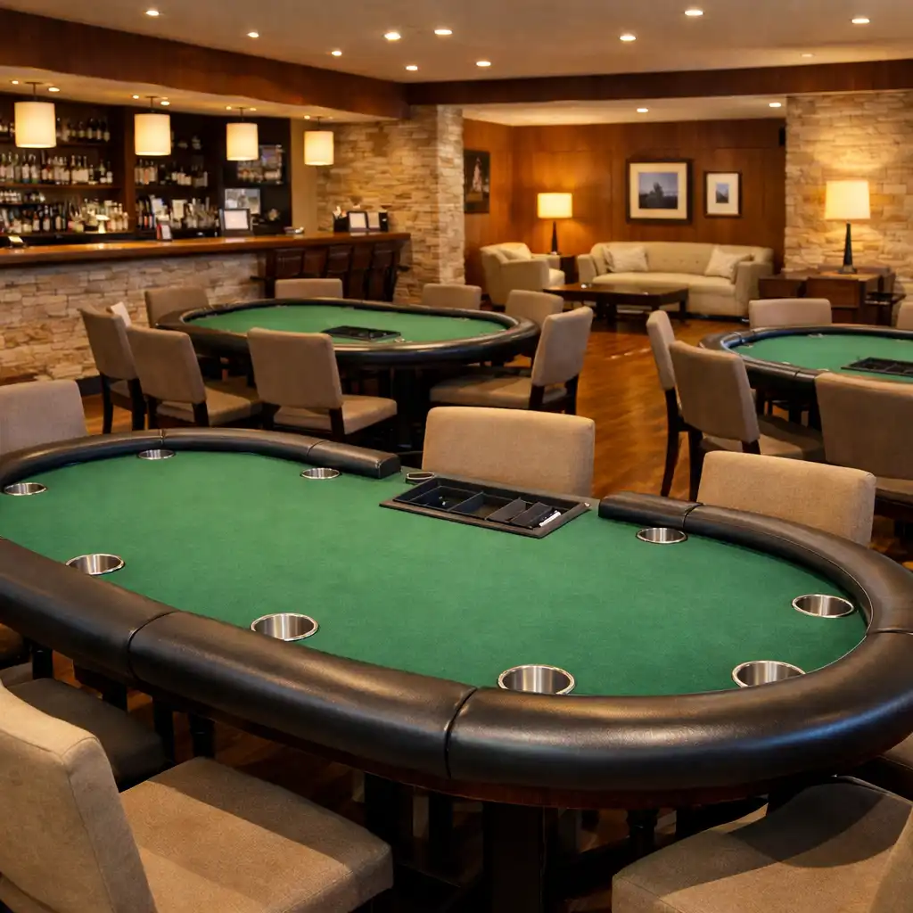 Spacious card lounge interior with multiple poker tables and warm contemporary furnishings