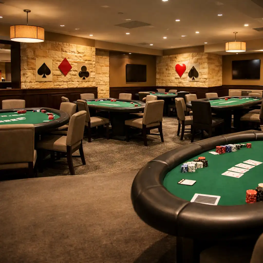 Interior of the Suerte de Oro Card Room with green felt poker tables and warm lighting