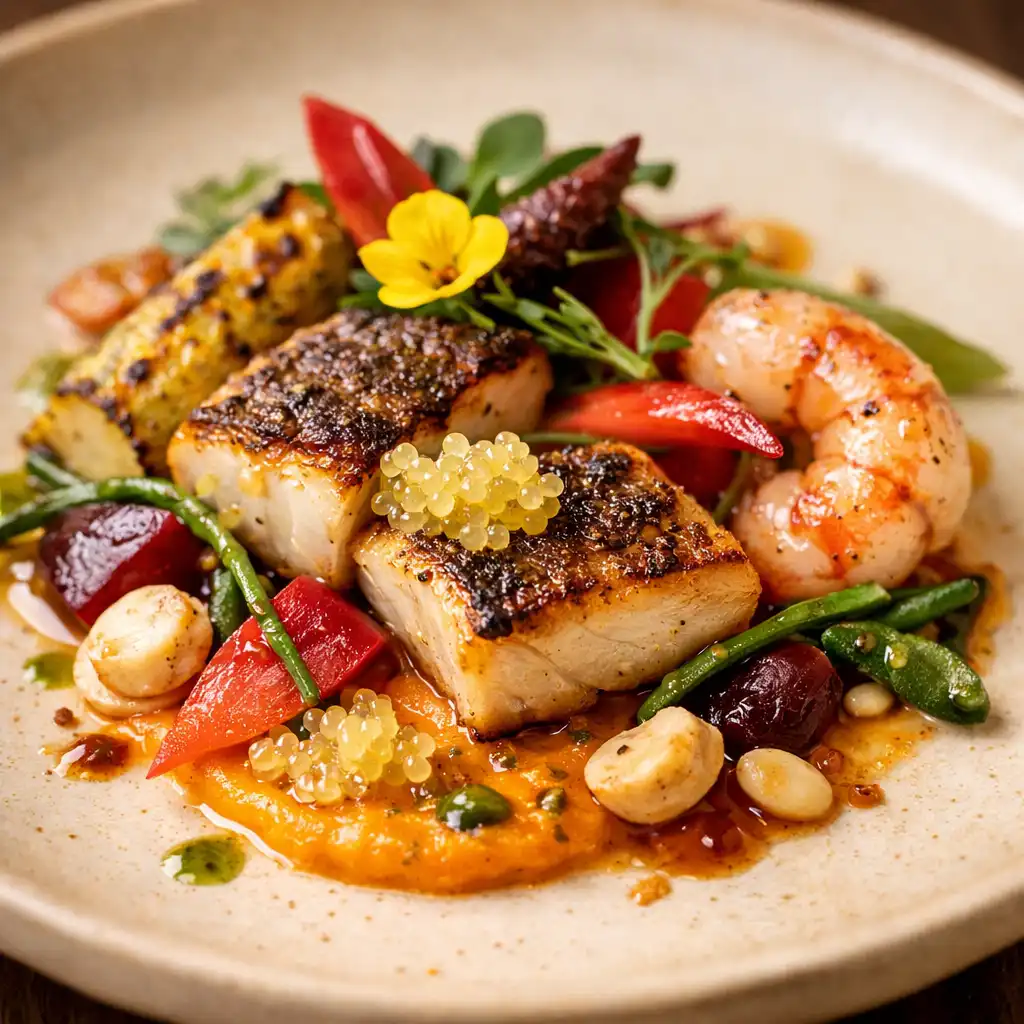 A close-up of a beautifully plated modern Australian dish with fresh local ingredients