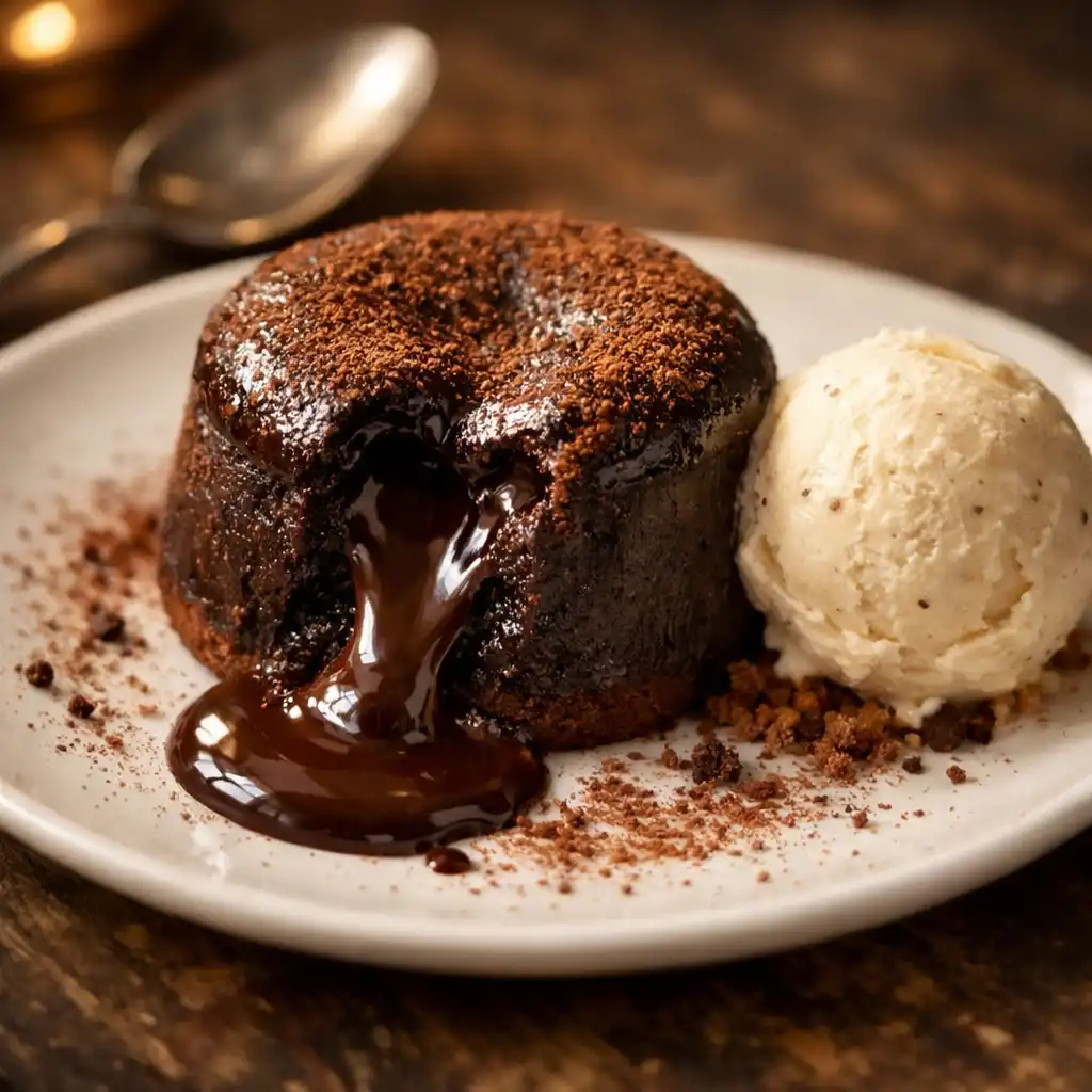 A decadent chocolate fondant with vanilla ice cream