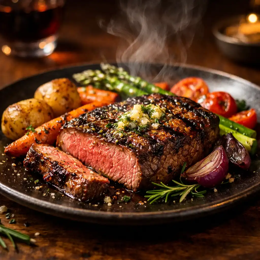 A hearty main course of grilled steak with roasted vegetables