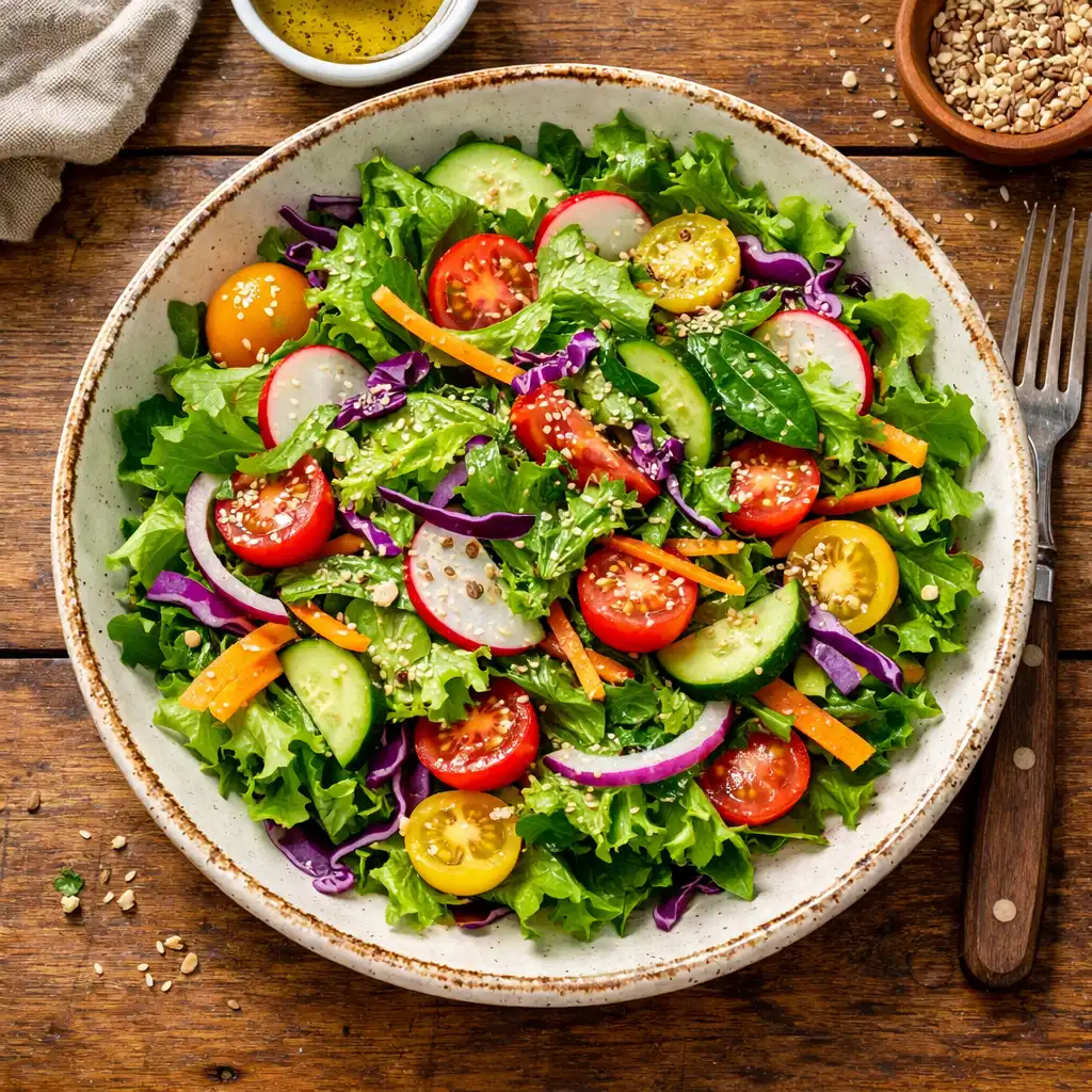 A vibrant salad with fresh greens and colourful vegetables in a rustic bowl