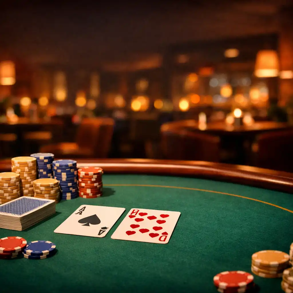 A warm poker table with green felt, chips, and cards in the Suerte de Oro lounge