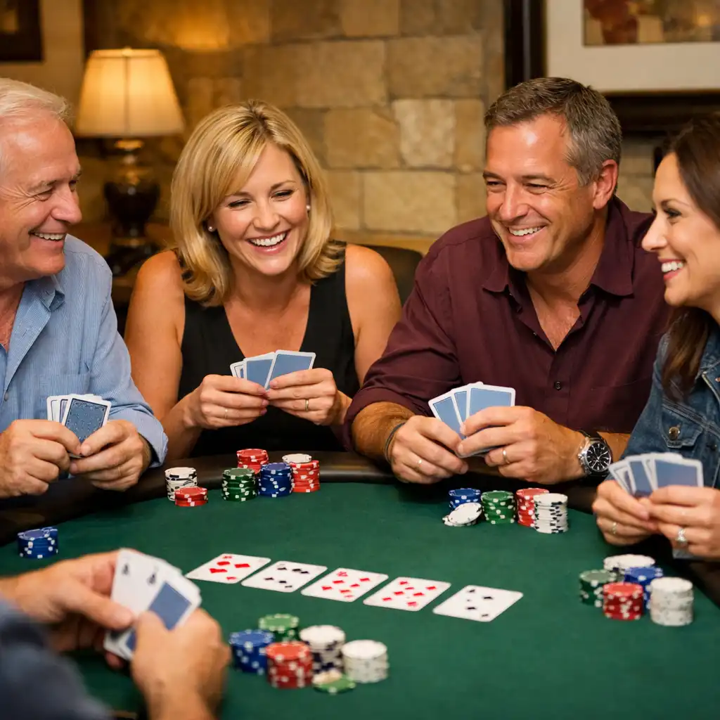 Adults enjoying a hosted poker session around a table in the Card Room