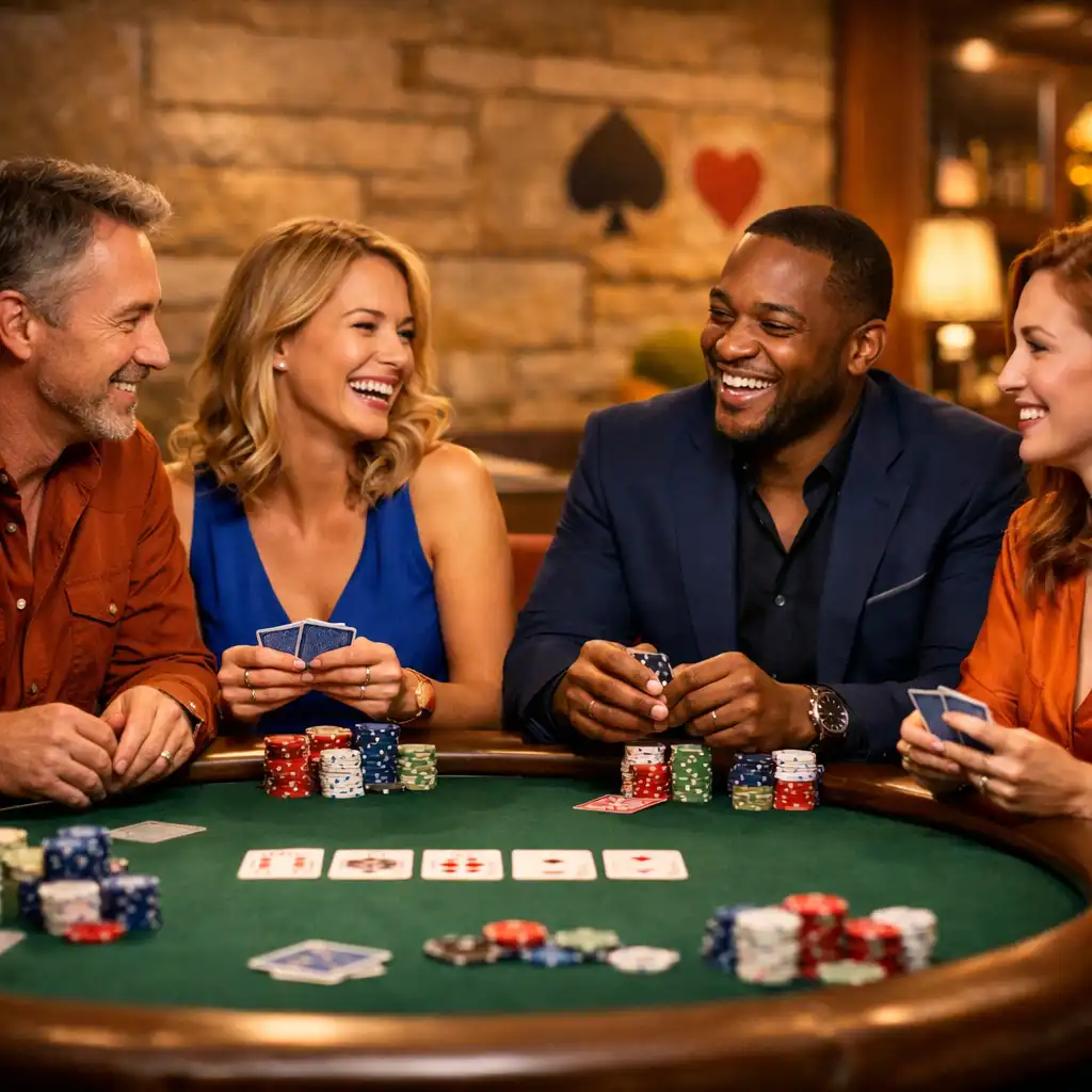 Four people smiling and playing poker around a green felt table in the Suerte de Oro Card Lounge