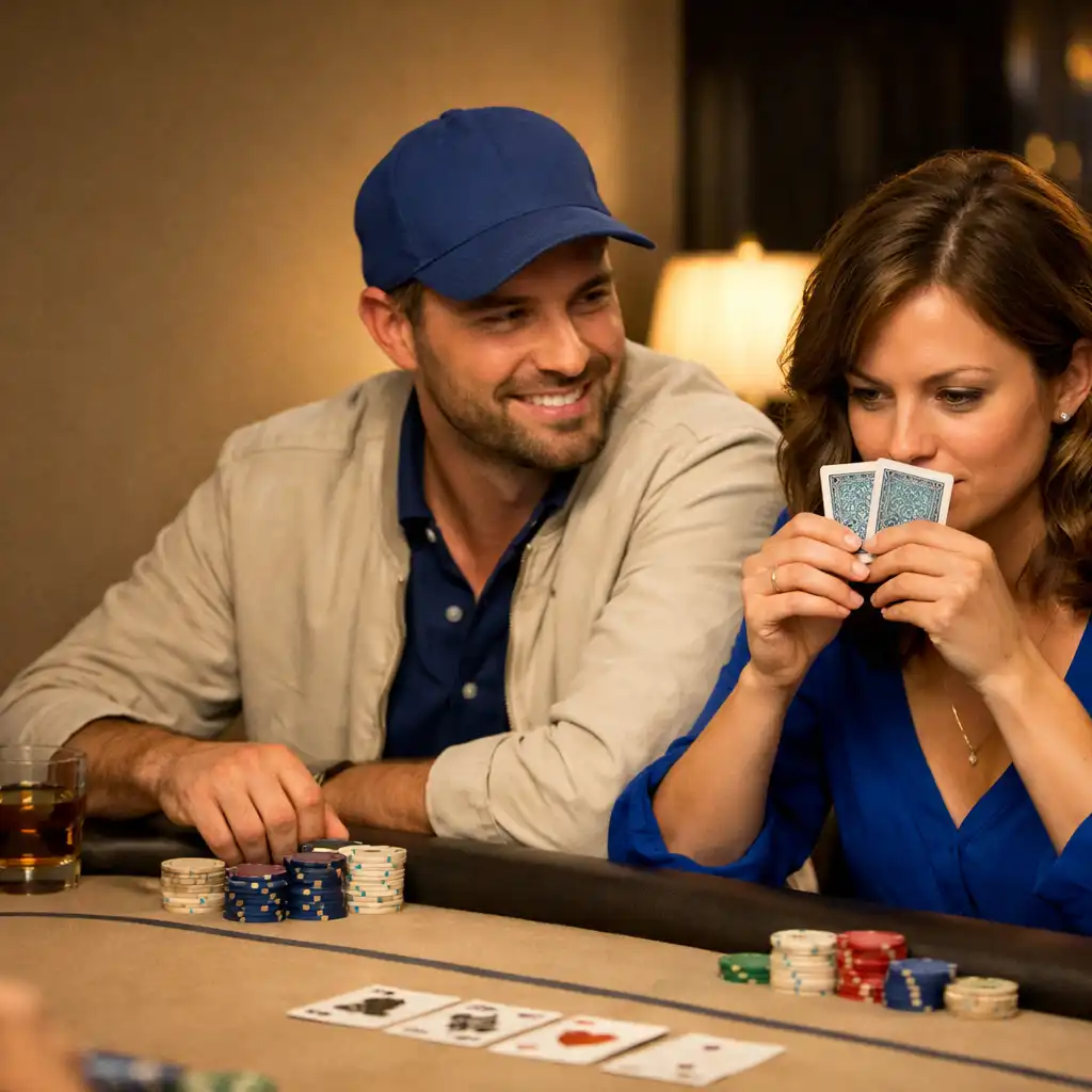 Players at a poker table considering their cards during a live game at Suerte de Oro