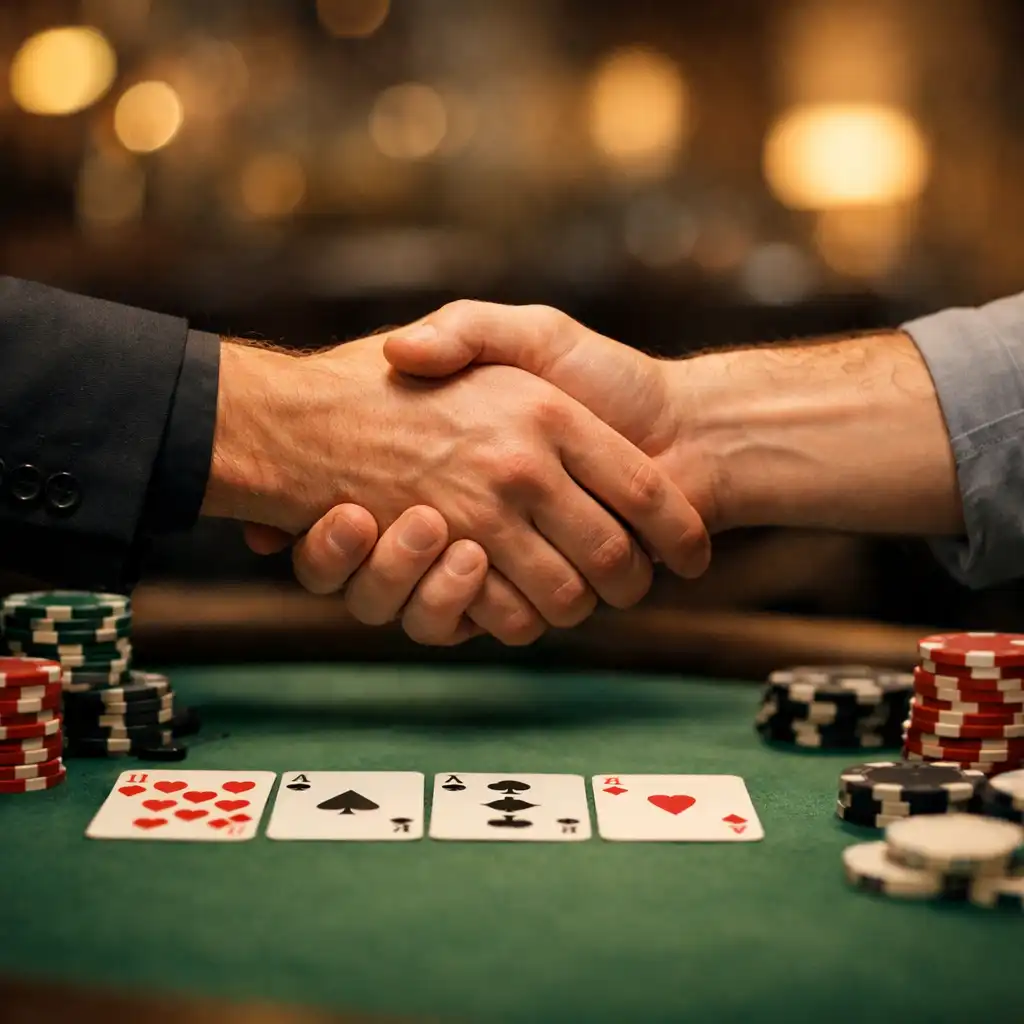 Two players shaking hands across a poker table with cards and chips visible