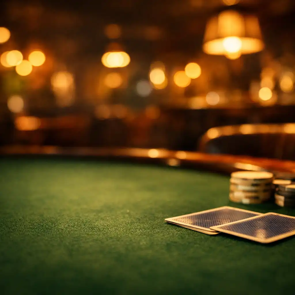 Low-angle view of a poker table with green felt, playing cards, and neutral chips in a warm lounge