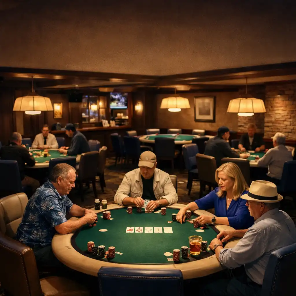 Multiple poker tables with green felt and warm lighting inside the Suerte de Oro lounge