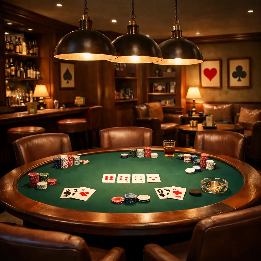 Cozy poker lounge with a green felt poker table, comfortable chairs and warm pendant lighting