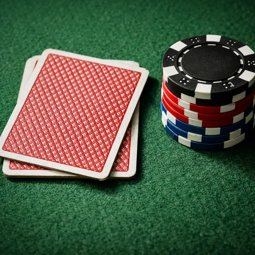 Close-up of a poker table showing green felt, playing cards, and chips