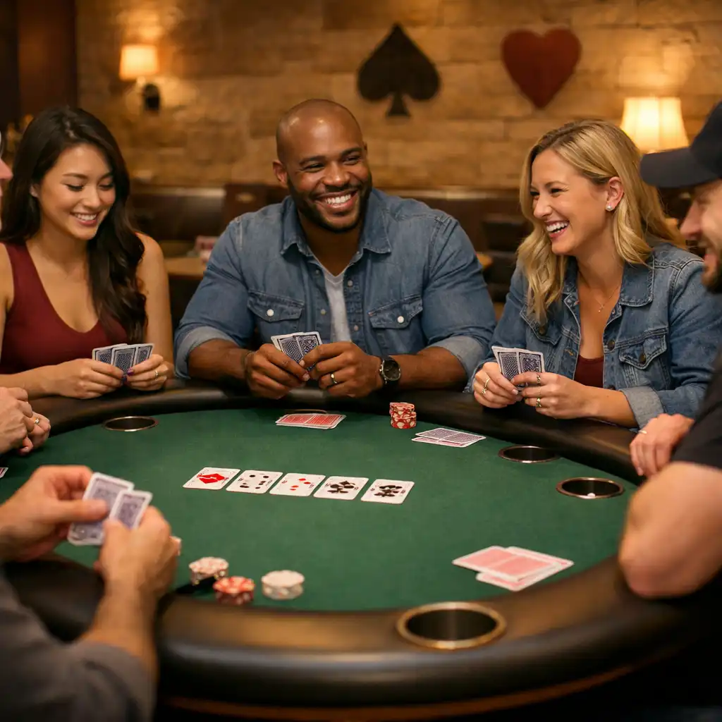 Adults playing face-to-face poker at a Suerte de Oro table in a warmly lit card lounge