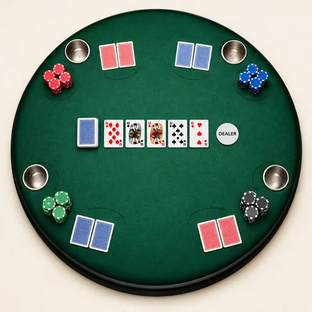 Overhead view of a poker table with neatly arranged cards, chips, and a dealer button