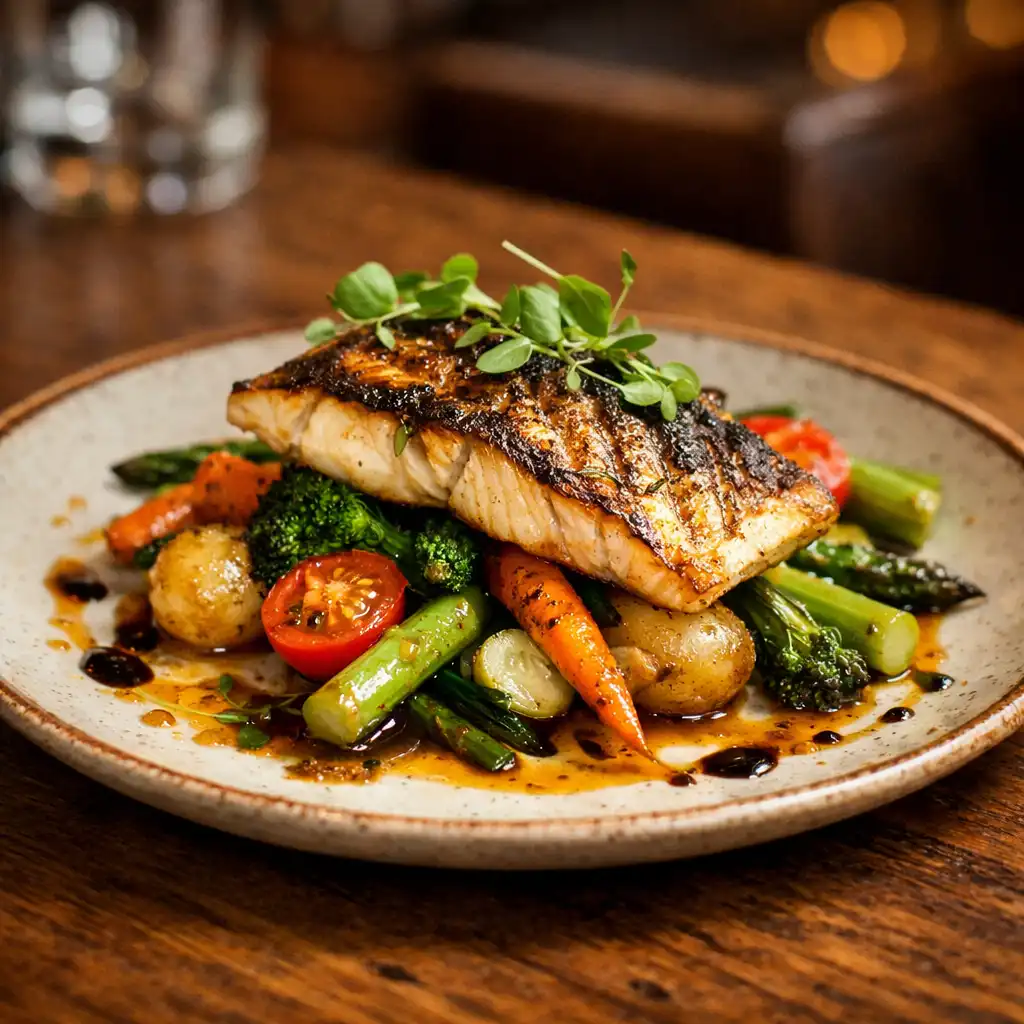 Beautifully plated Australian dish with grilled fish and seasonal vegetables on a wooden table