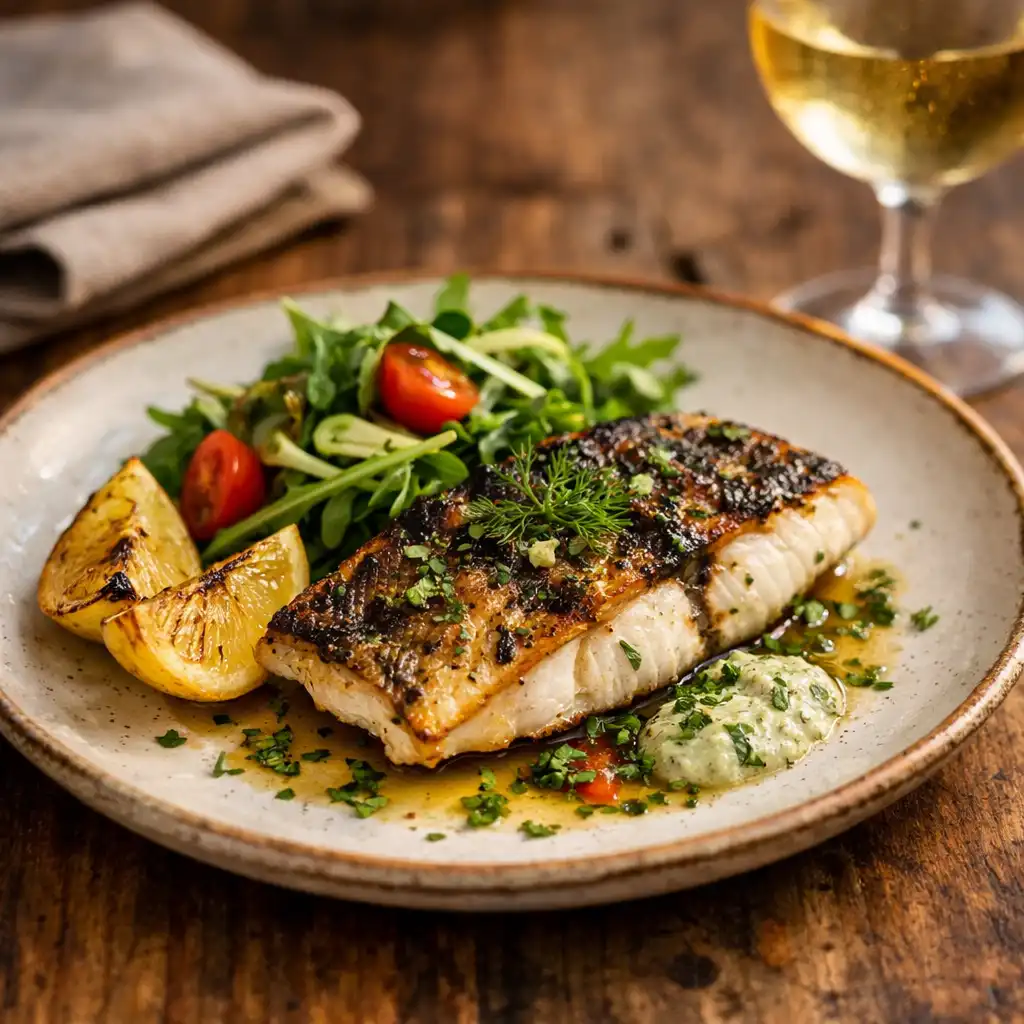A beautifully plated dish of grilled barramundi with seasonal vegetables on a restaurant table