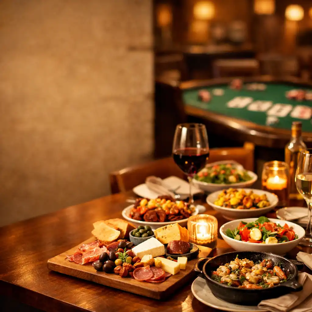 A warm restaurant table set with shared dishes, with a subtle poker table visible in the background
