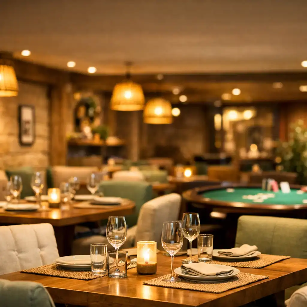 Warm restaurant interior at Suerte de Oro with wooden tables and soft golden lighting