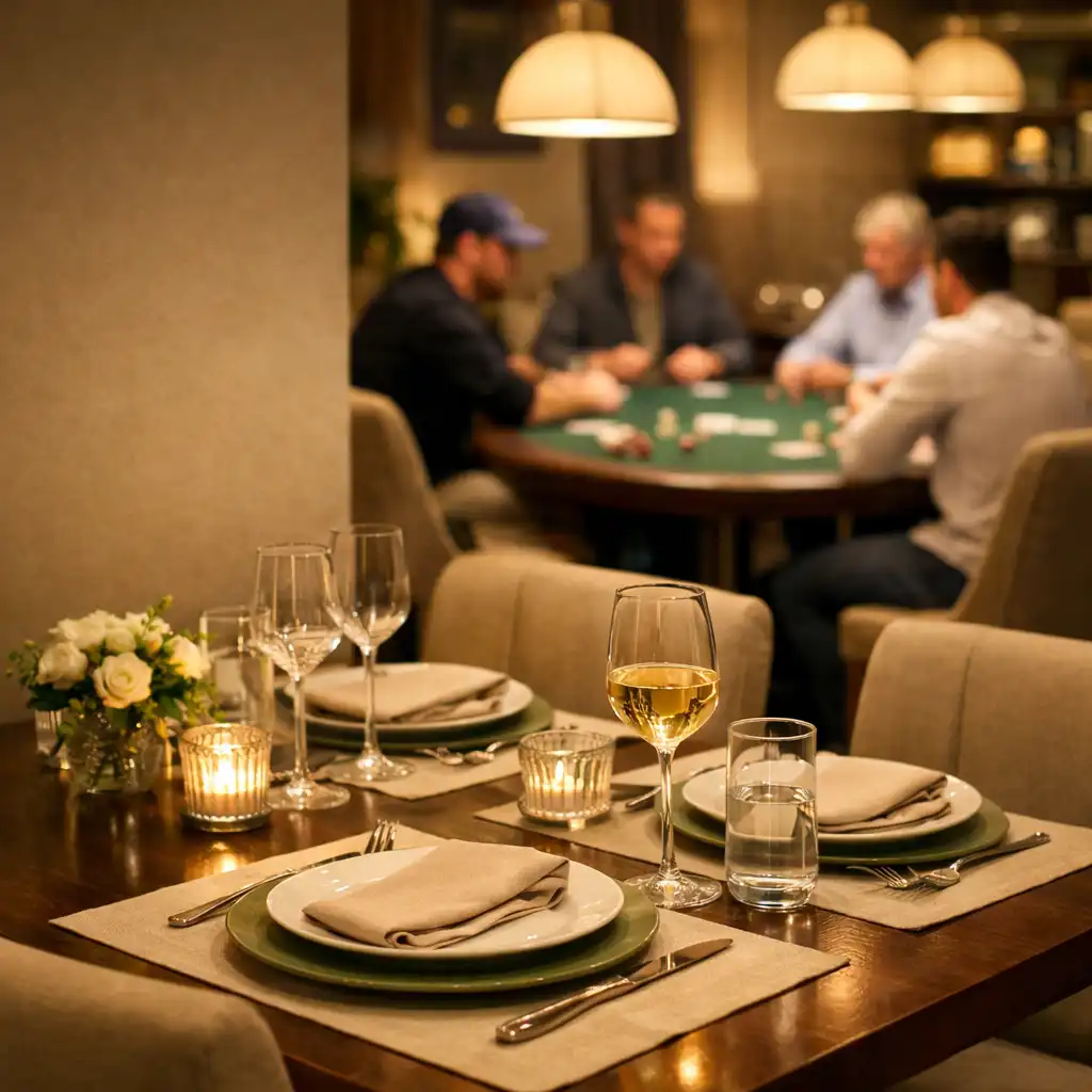 A set dining table in the foreground with a poker table visible in the warm background