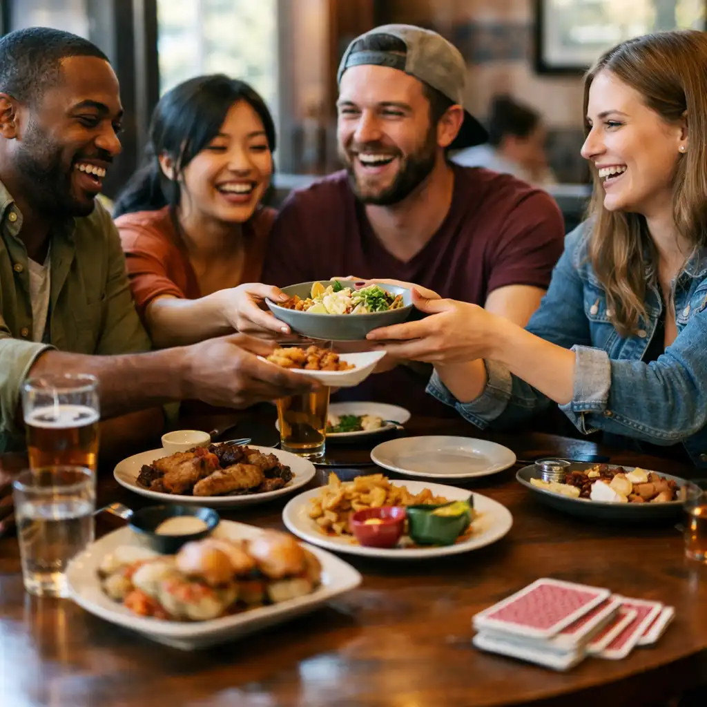 Friends sharing dishes at a restaurant table, with a deck of cards resting at the edge