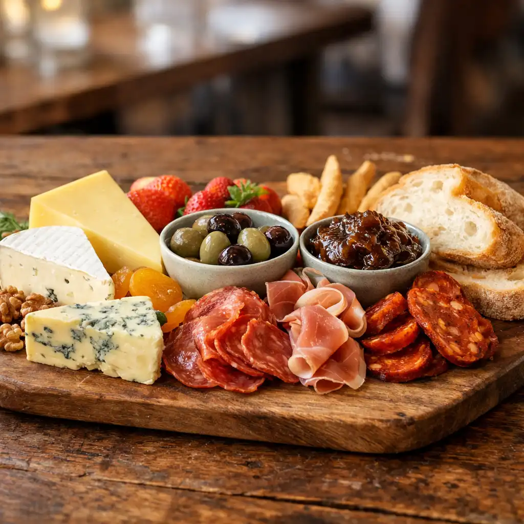 Shared platter with Australian cheeses, cured meats, olives and fresh bread on a rustic wooden table